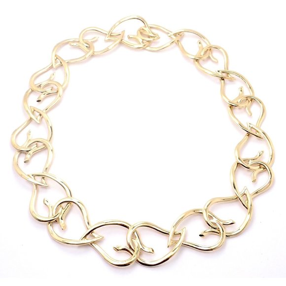 Authentic! Vintage Tiffany & Co 18k Yellow Gold Open Heart Leaf Link Necklace - Picture 1 of 11